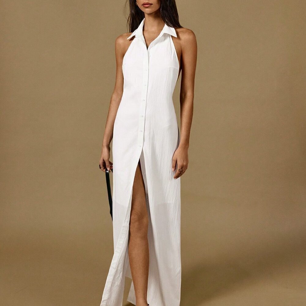 White Elegant Womens Halter Neck Sleeveless Buttoned Waist Line Maxi Shirt Dress